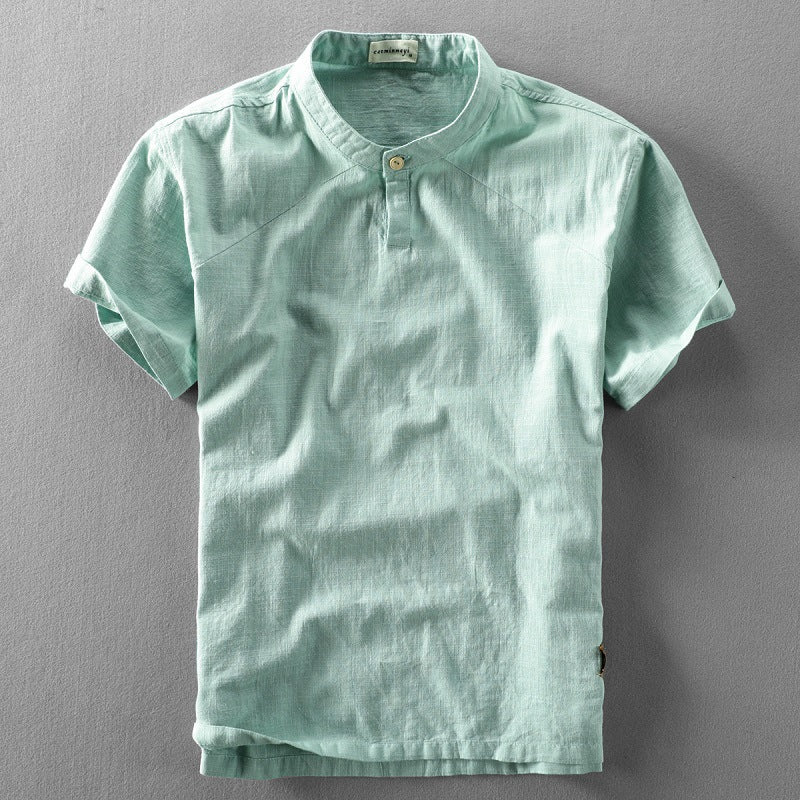 Casual Chinese Style Loose Standing Collar Cotton Linen Short Sleeved Shirt