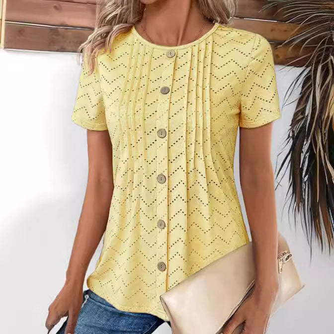 Women's Solid Color Hollow-out Pleated Fake Button Round Neck T-shirt