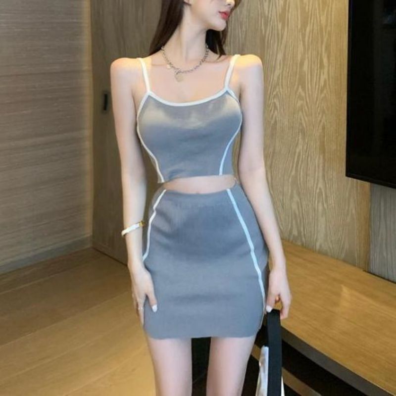 Summer Color Matching Camisole Short High Waist Skirt Two-piece Set