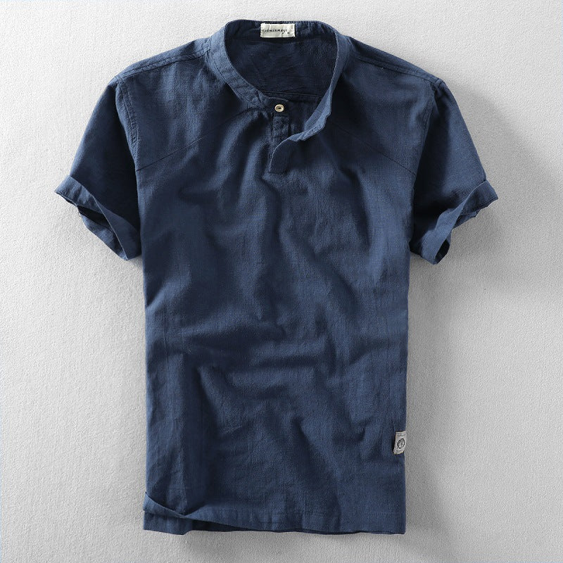 Casual Chinese Style Loose Standing Collar Cotton Linen Short Sleeved Shirt