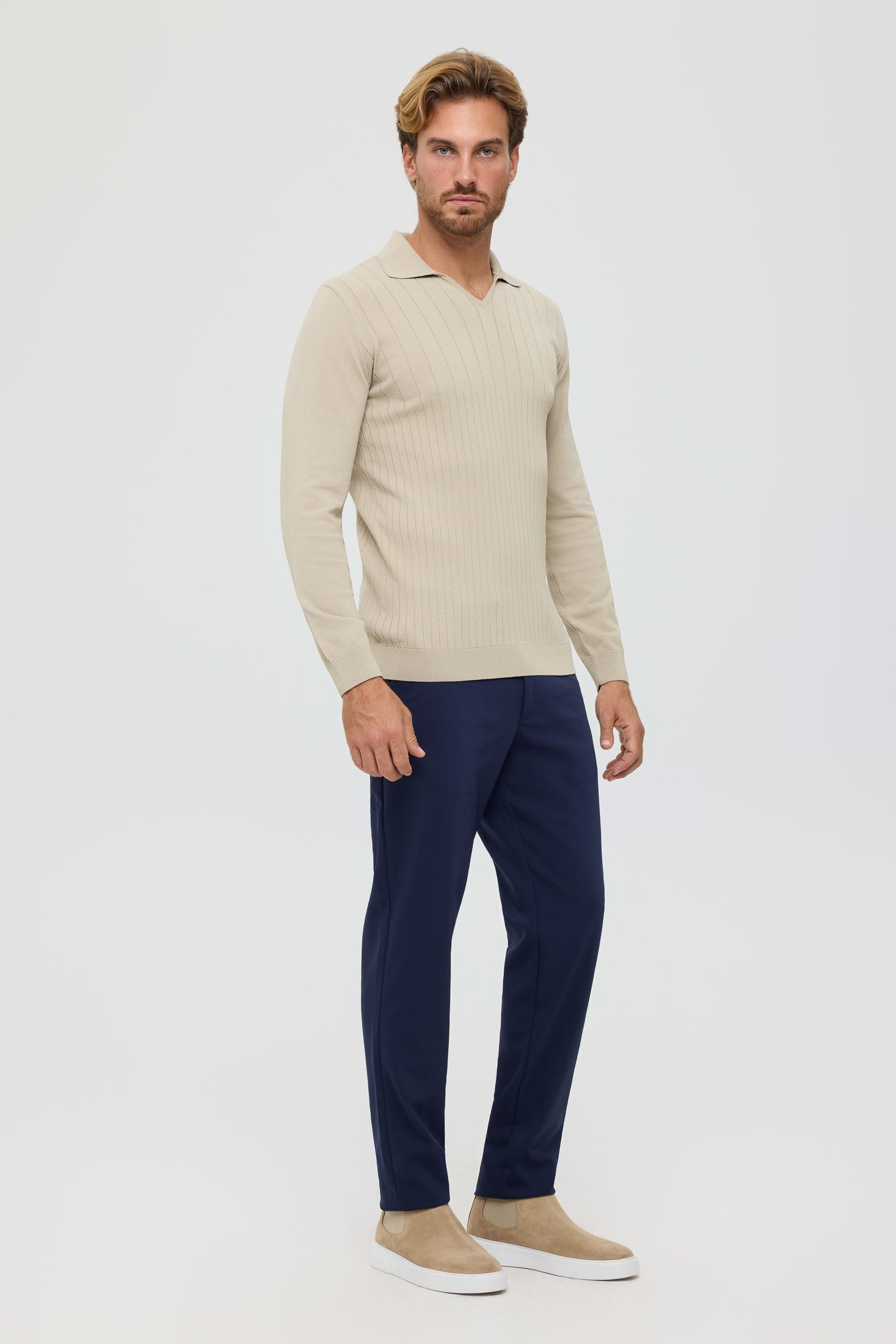 Men’s Premium Long-Sleeve Knit Pullover Polo – Fine Rib Texture | Style 8030-2