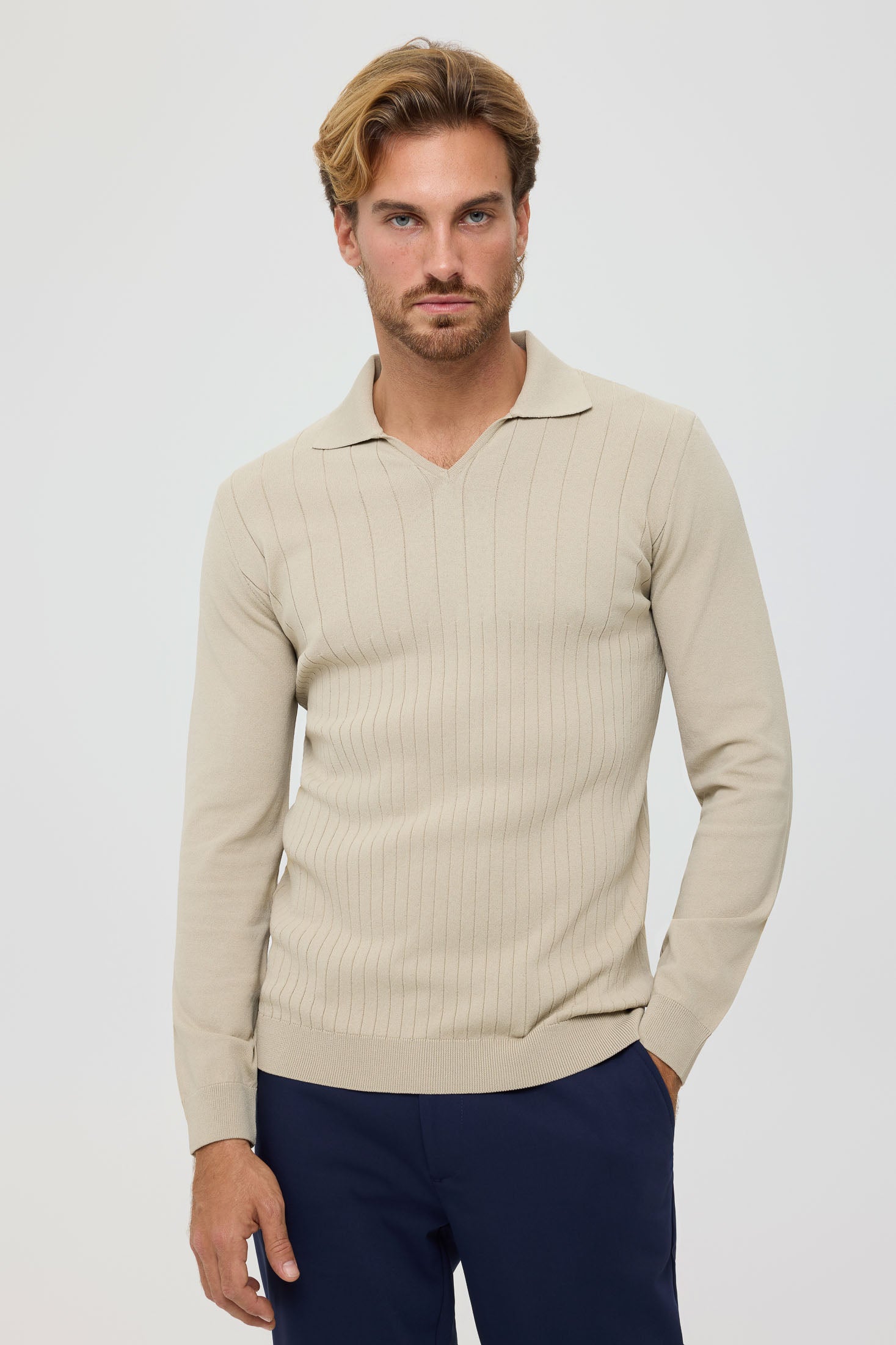 Men’s Premium Long-Sleeve Knit Pullover Polo – Fine Rib Texture | Style 8030-0