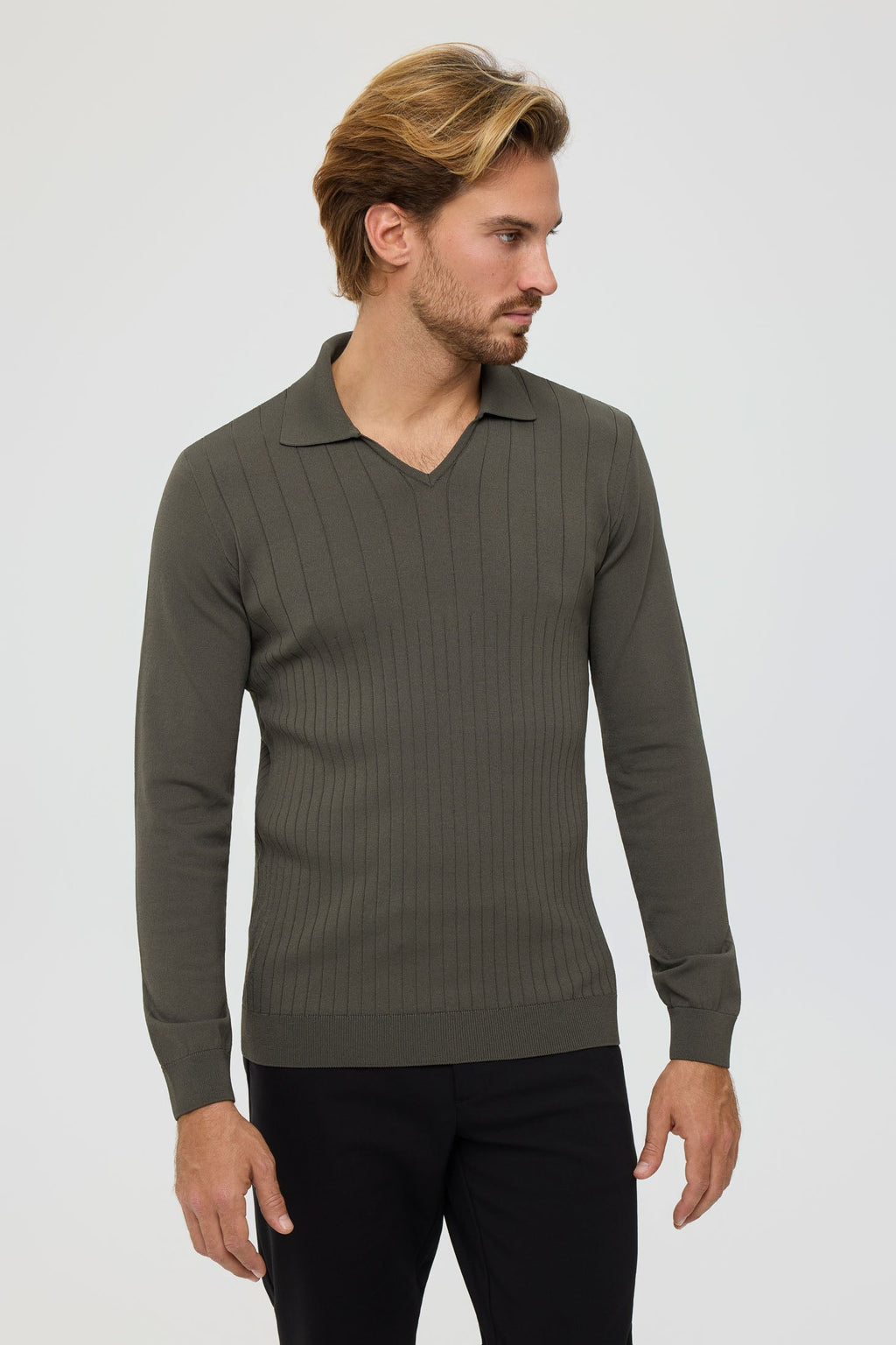 Men’s Premium Long-Sleeve Knit Pullover Polo – Fine Rib Texture | Style 8030-8