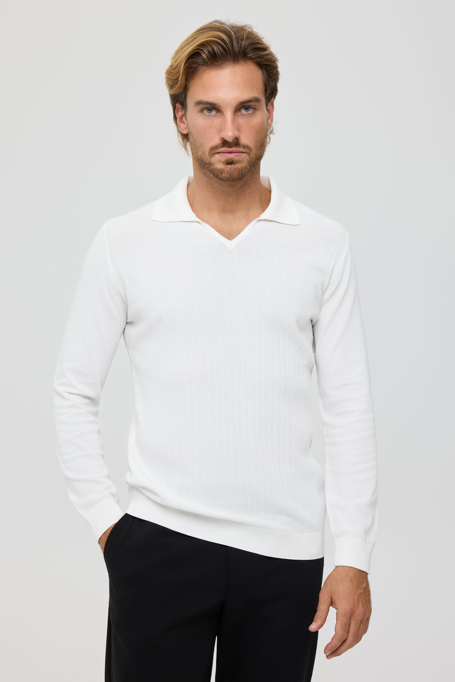 Men’s Premium Long-Sleeve Knit Pullover Polo – Fine Rib Texture | Style 8030-9