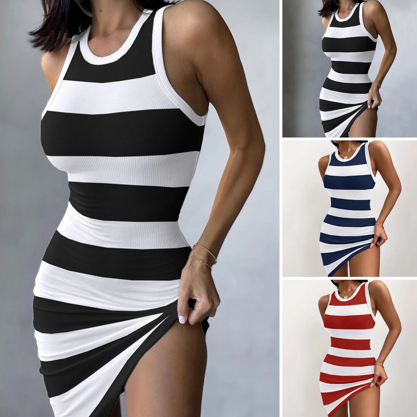 Lady Sundress Women Dress Solid Color Ribbed Summer Stretchy Hip Wrap Midi Dress Streetwear