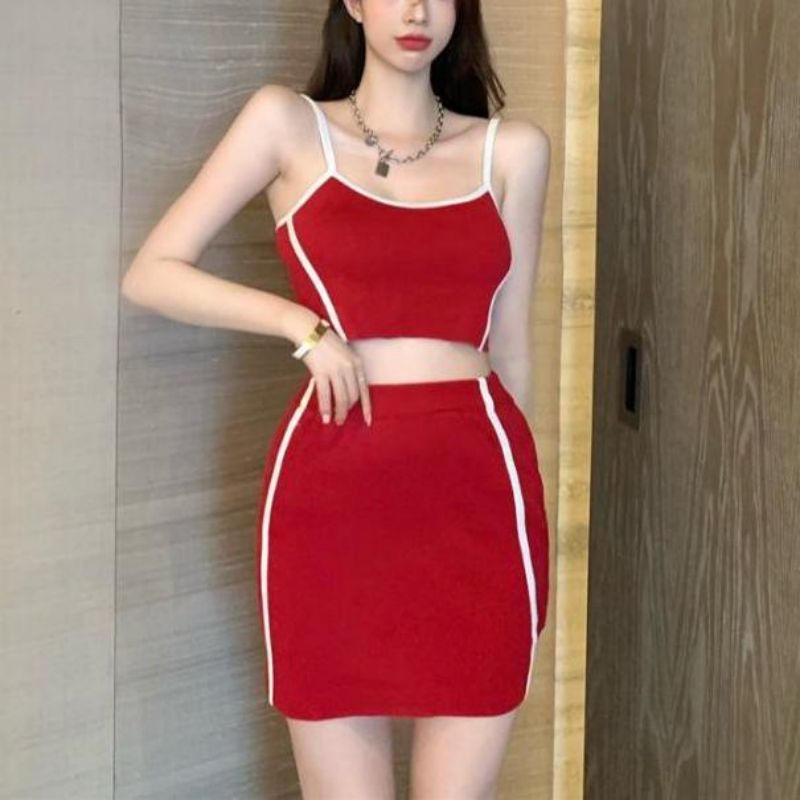 Summer Color Matching Camisole Short High Waist Skirt Two-piece Set