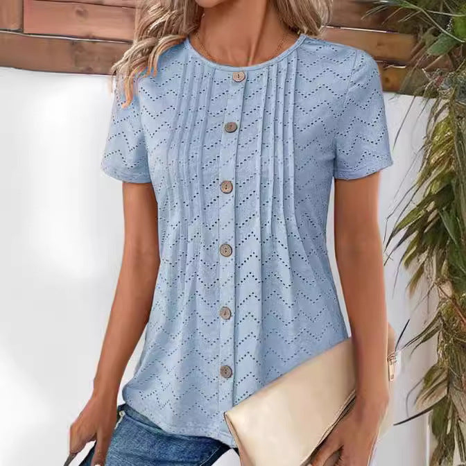 Women's Solid Color Hollow-out Pleated Fake Button Round Neck T-shirt