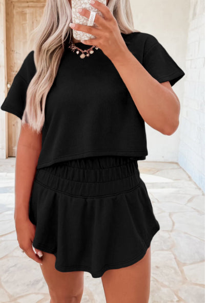 Black 2pcs Cropped Tee And Ruffle High Waist Skort Set