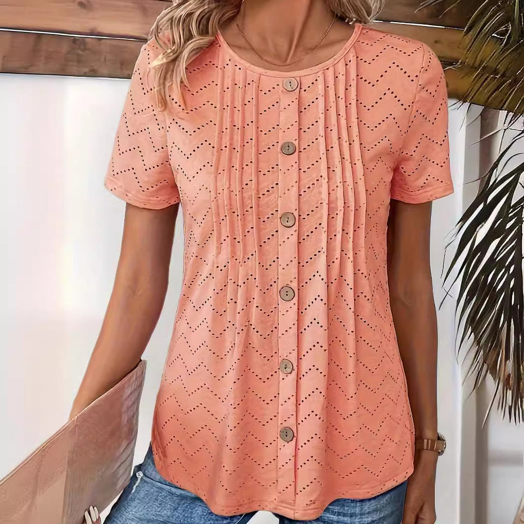 Women's Solid Color Hollow-out Pleated Fake Button Round Neck T-shirt